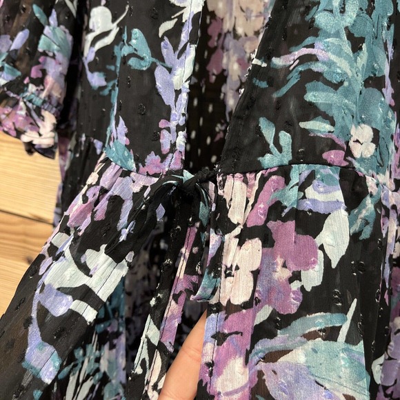 Torrid 1 Ruffle Kimono Shirt Floral Swiss Dot Black Purple SS Sheer boho B84 - Picture 7 of 16